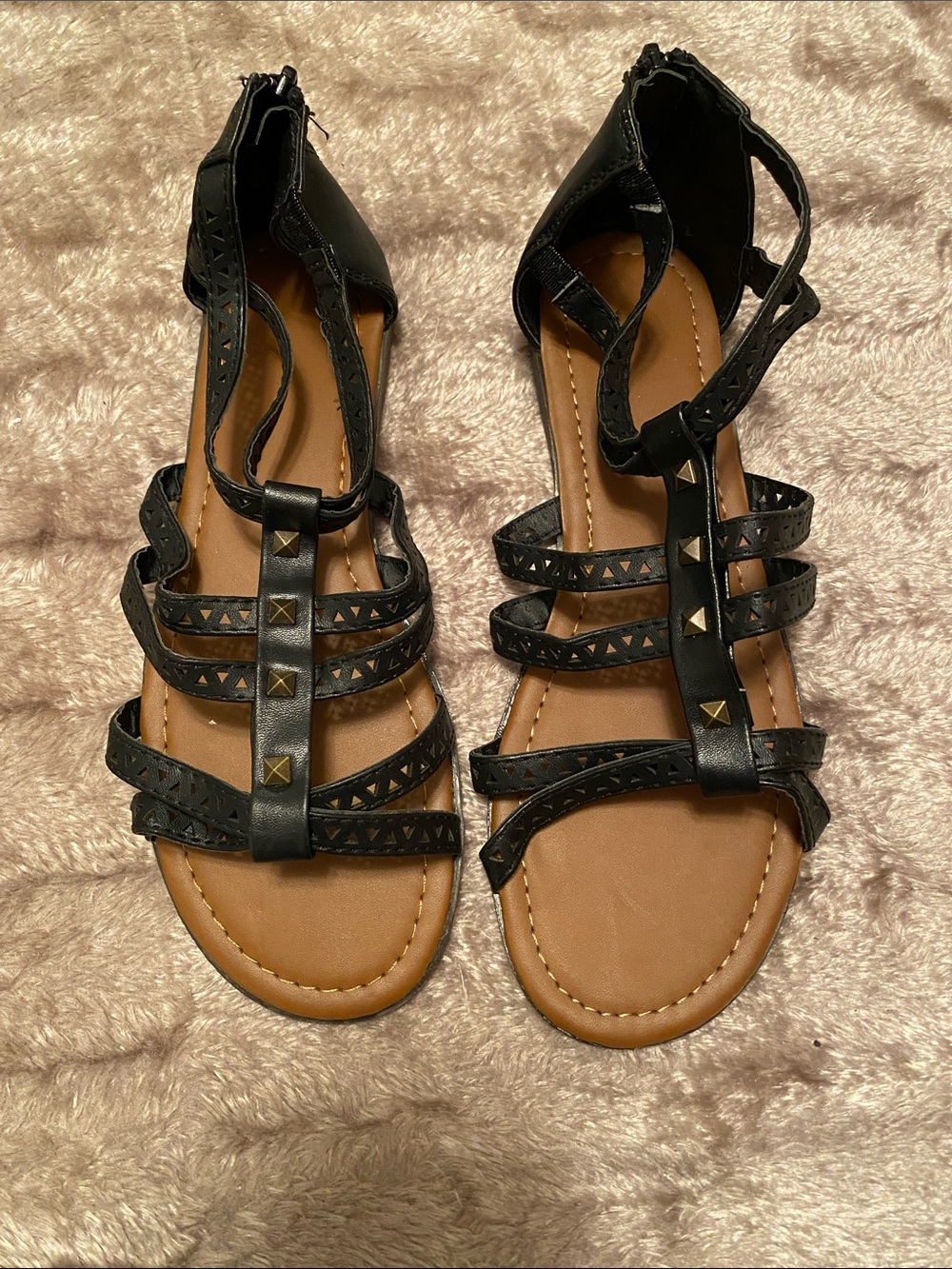 Women's Black Studded Gladiator Sandals with T-Strap
